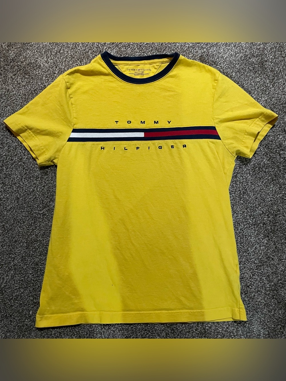 Tommy Hilfiger Bright Yellow Embroidered Logo Stripe Tee